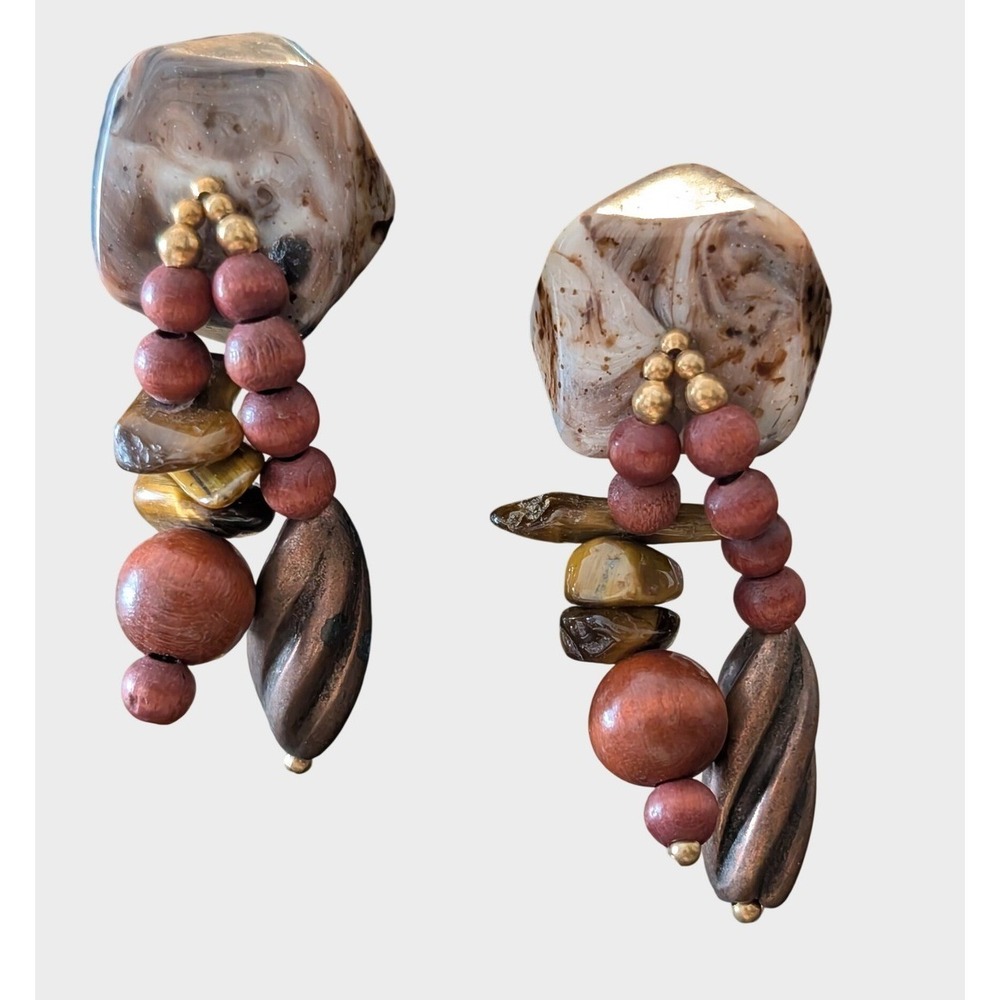Vintage Brown Earrings Marbled Lucite Faux Stone Clip On Dangle Boho